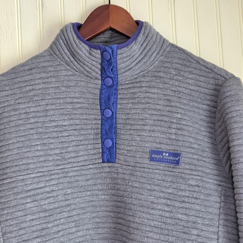 Simply Southern Jacket Womens Medium Gray Ribbed Fleece Snap Pullover Pockets